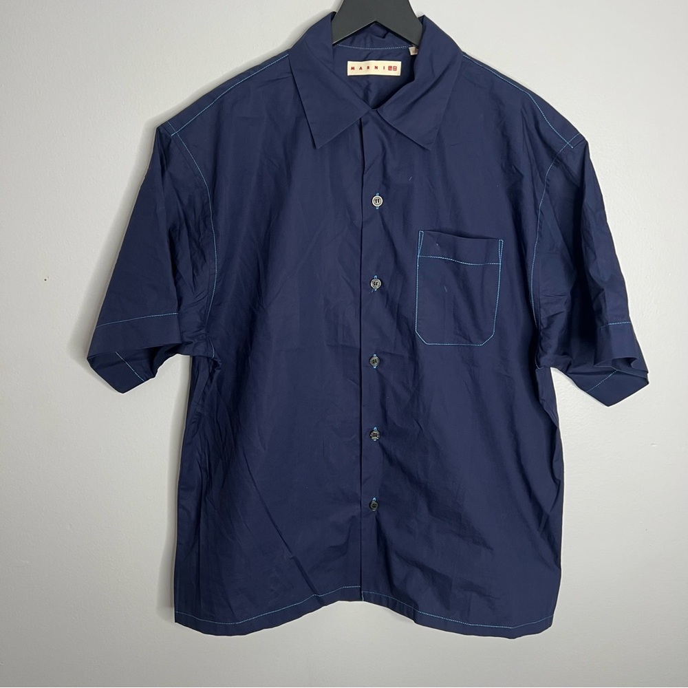 Marni Navy Short-Sleeve Button-Down Shirt with Light Blue Topstitching